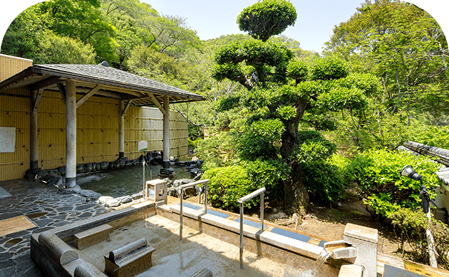 日帰り入浴で楽しめる開放的な露天風呂。ナトリウム炭酸水素塩泉で心身共にリフレッシュ