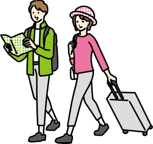 愛犬とくつろぐ宿泊シーンを描いた装飾イラスト